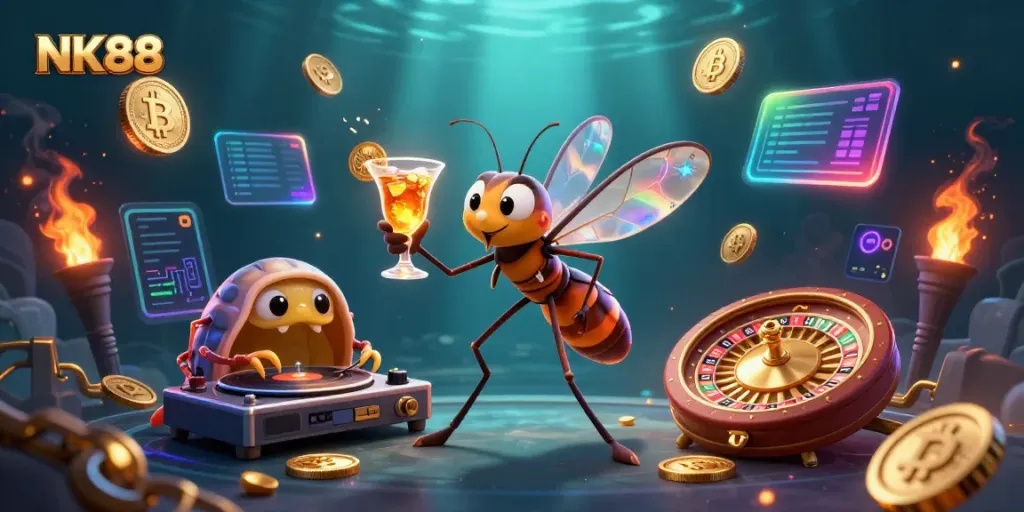 Experience the thrill of NK88 with dynamic casino-themed elements in a vibrant 3D illustration.