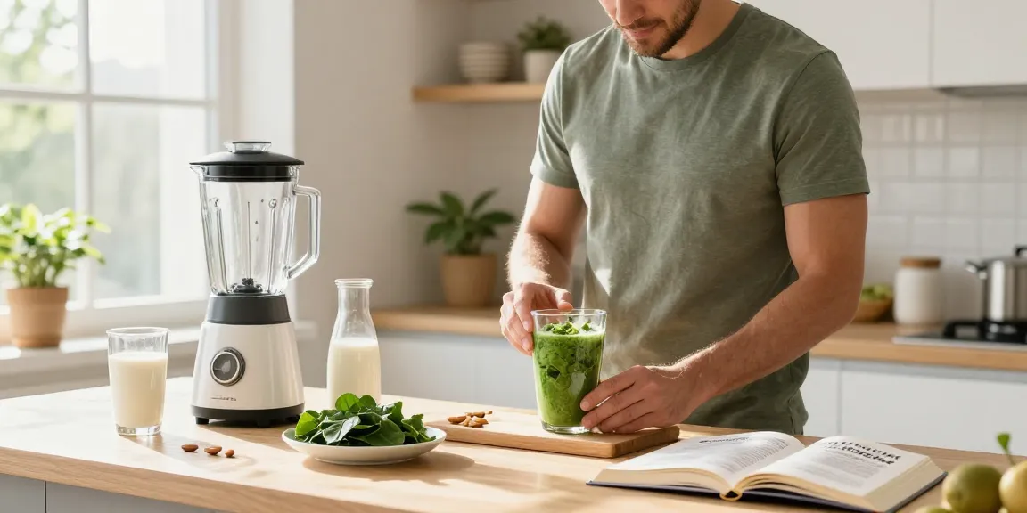 GHK CU peptide powder featured in a vibrant kitchen scene with wellness smoothie preparation.