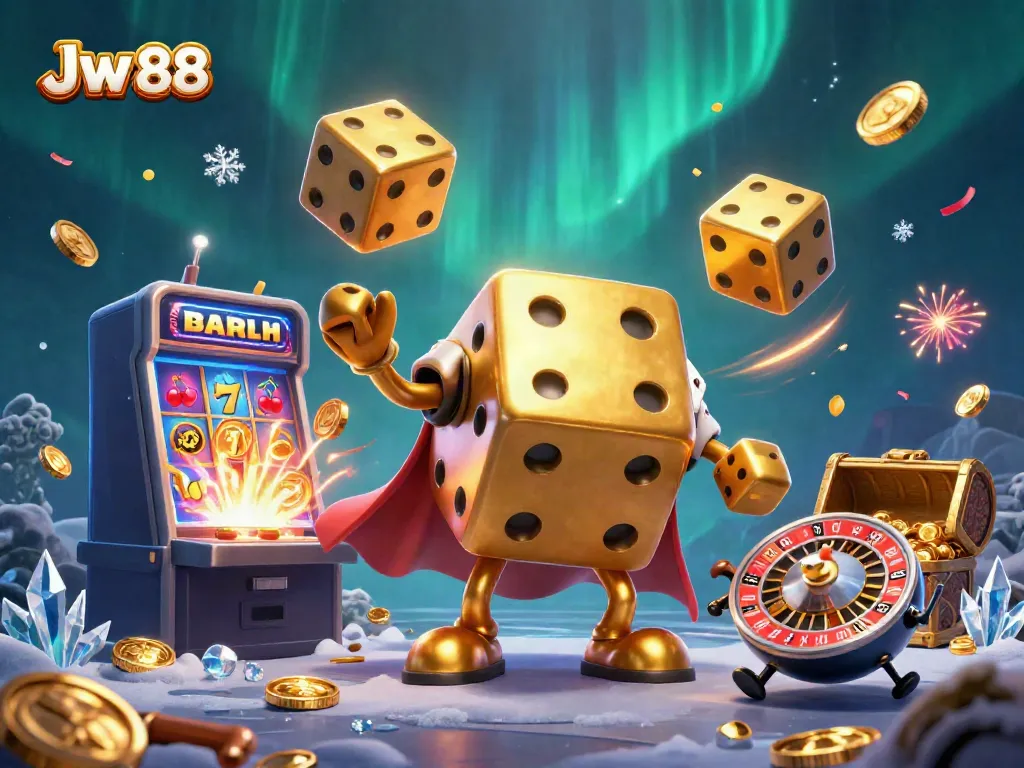 Experience Jw 88 excitement with dynamic casino characters and jackpot elements in an engaging 3D illustration.