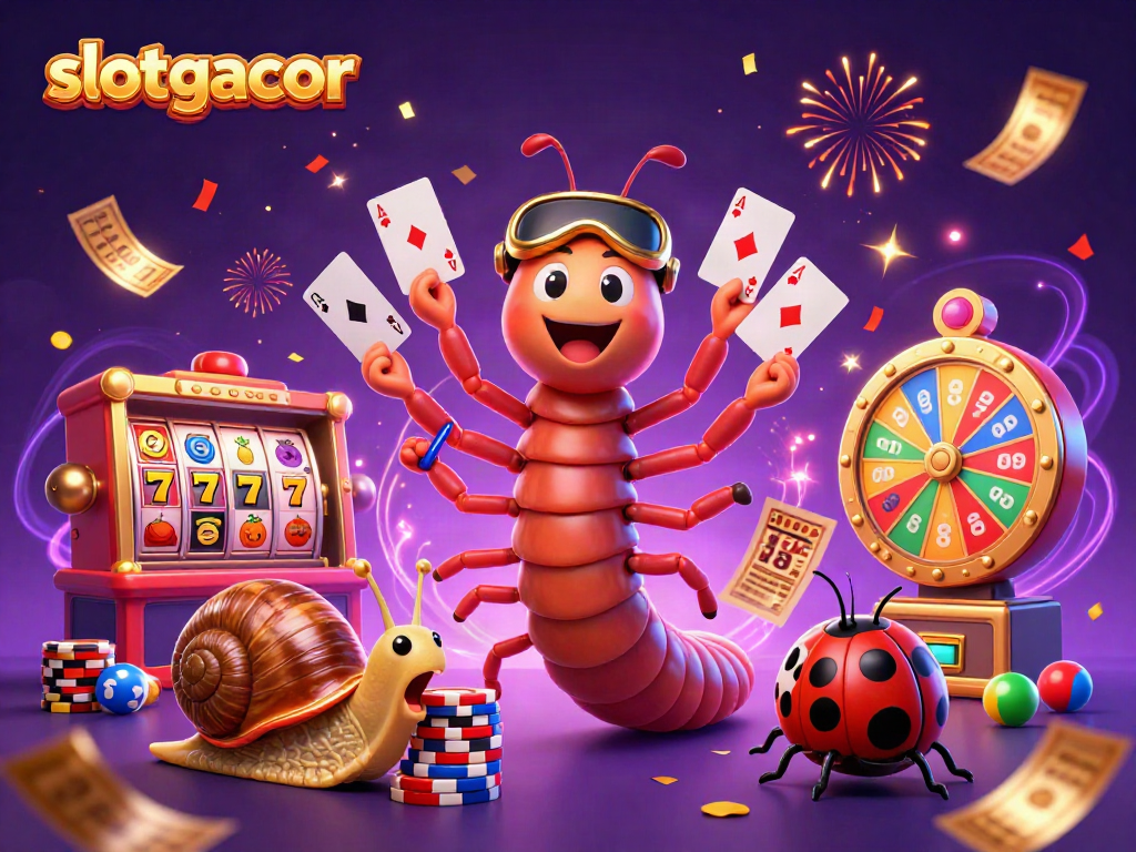 Join the excitement with slotgacor as a cartoon millipede dealer fans playing cards amid dynamic casino elements.