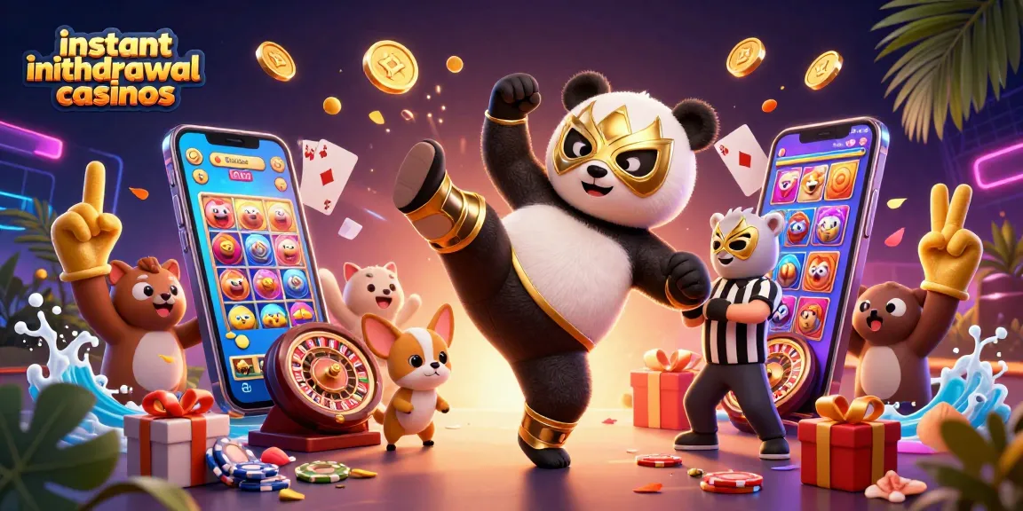 Experience fast payouts at instant withdrawal casinos with a lively scene featuring a wrestler panda and animal spectators.
