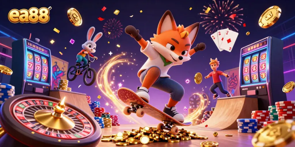 Experience the thrill of ea88 with a skateboarder fox and BMX rabbit in a vibrant casino scene.