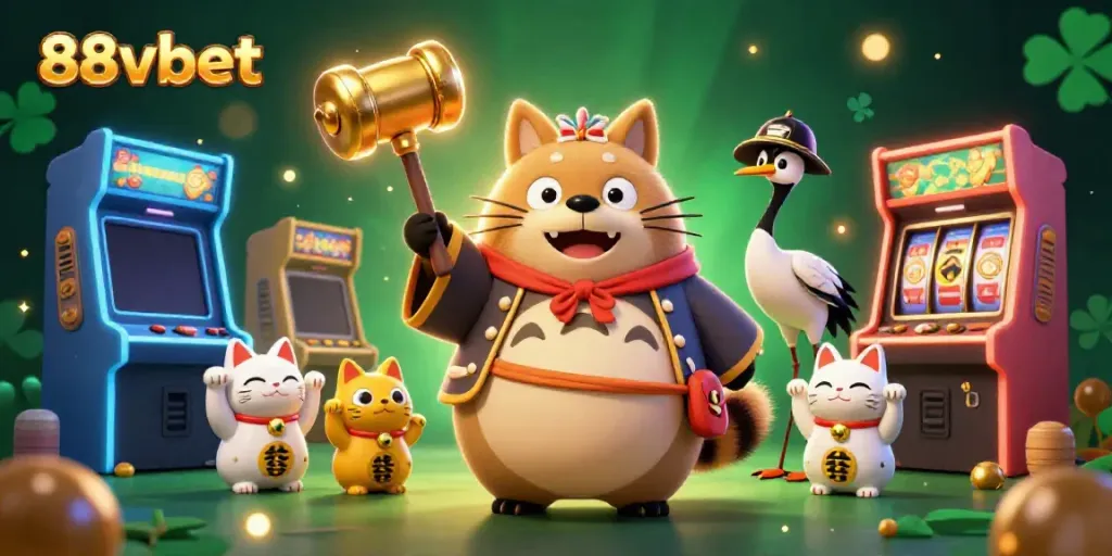 88vbet casino scene featuring cheerful tanuki with game machines and slot reels.