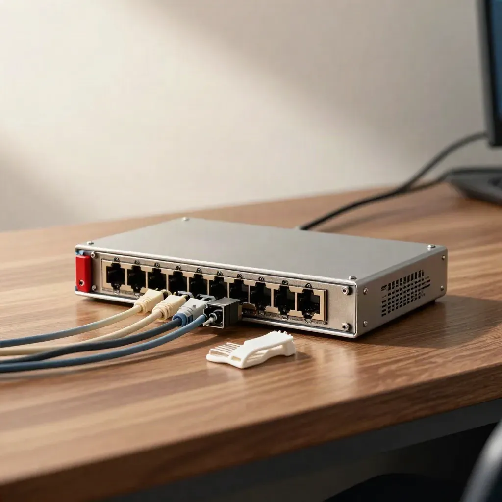 Network switch and test chassis with a red-latched patch path on a walnut lab bench.