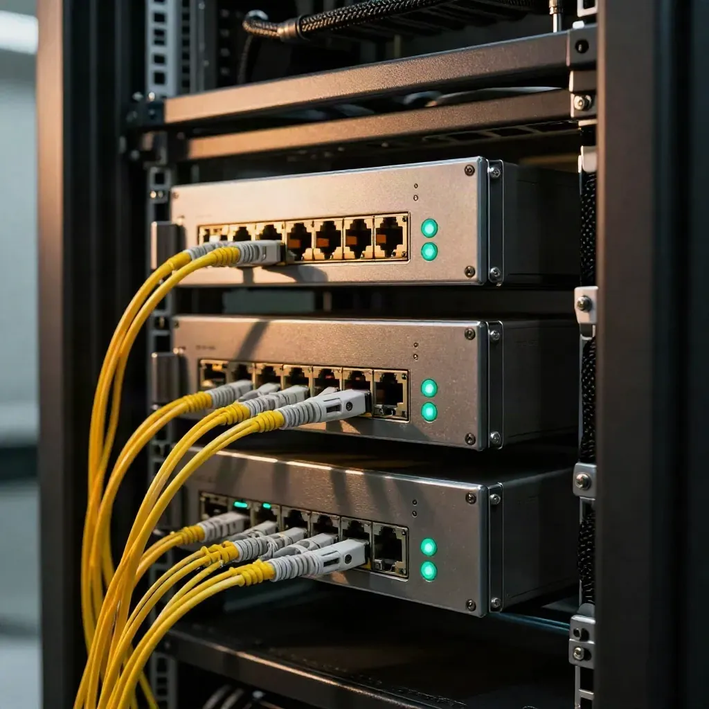 Firewall appliance in a dark server rack with fibre patching and stabilizing teal link lights.