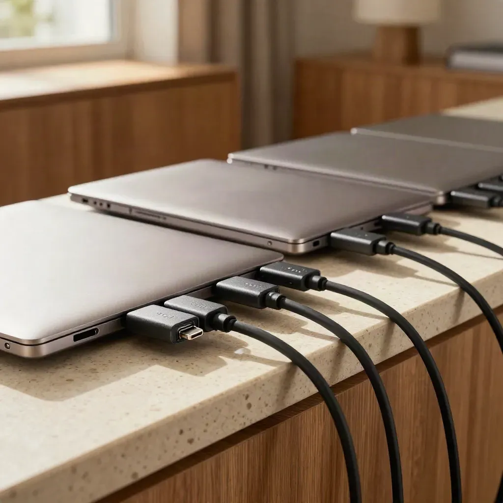 Closed business laptops with USB-C security dongles and a lock hub on travertine.