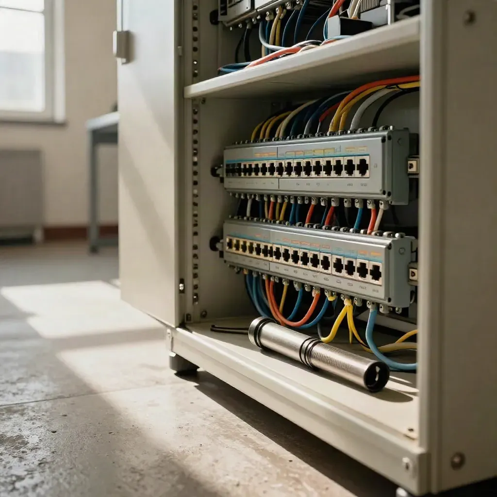 Open comms closet with exposed switch bank, cables, and inspection torch in warm daylight.