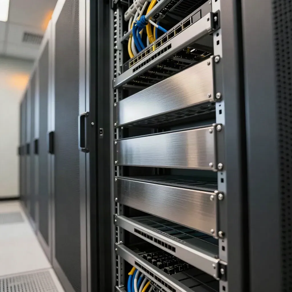 Server room cabinets with sealed ports, blanking plates, and tidy cabling in warm, cinematic light.