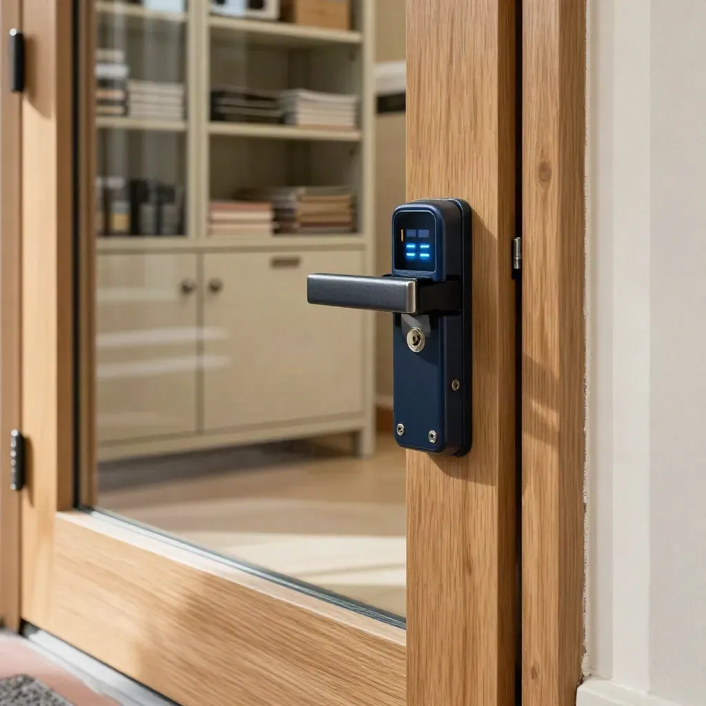 Glass security door with card reader and locked alcove beyond, warm daylight.