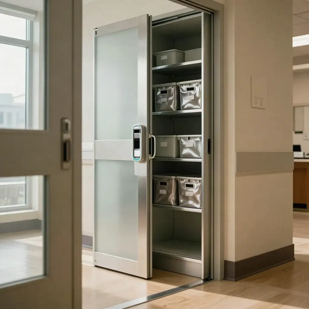 Secure Toronto clinic entry with card reader, frosted glass panel, and locked supply alcove.