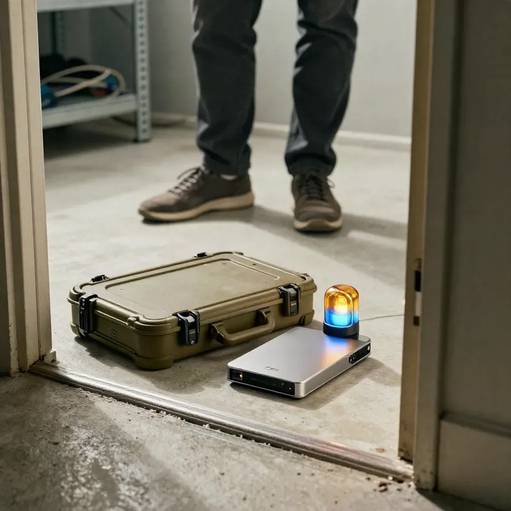 Incident response backup kit with SSD dock and status beacon in a dark equipment closet.