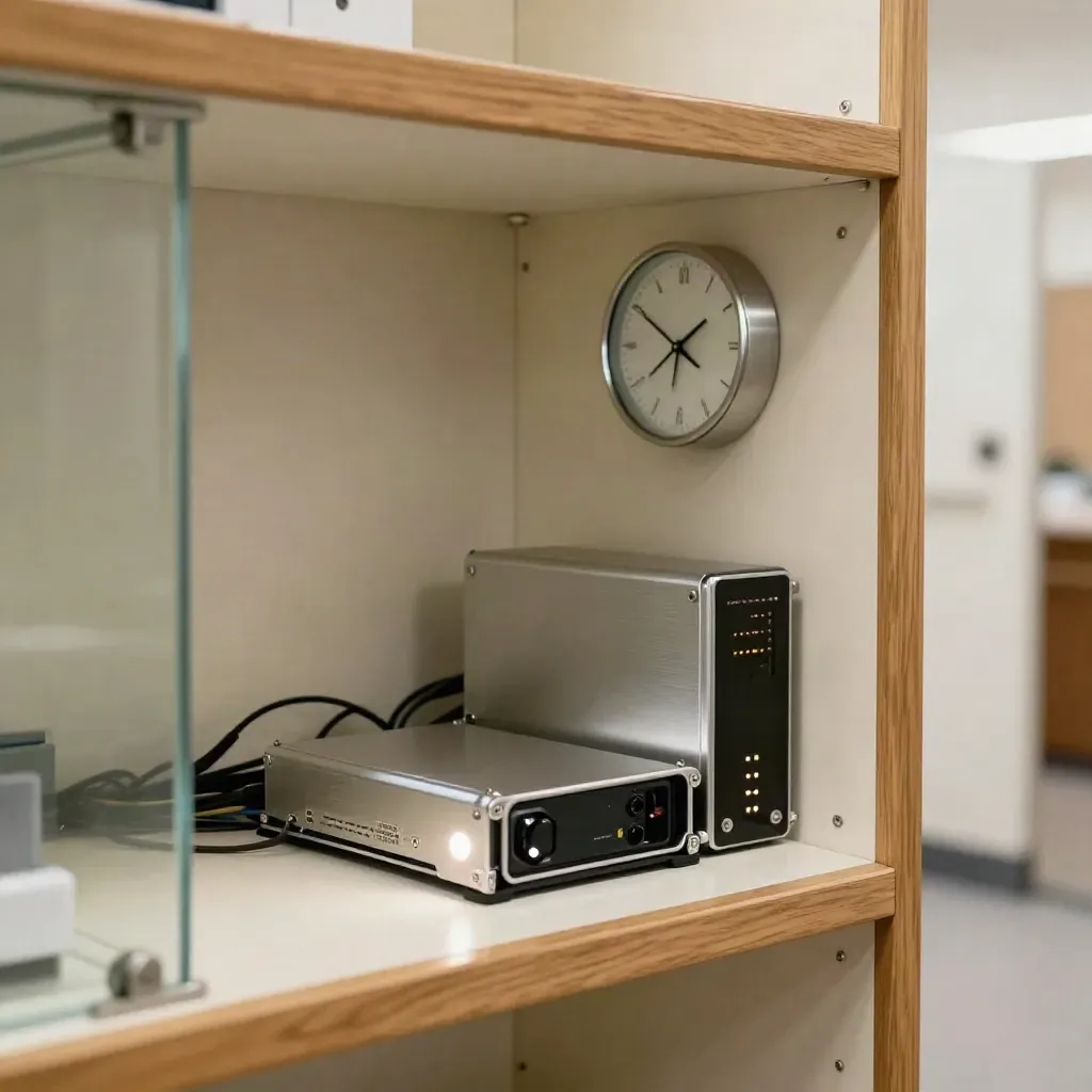 Quiet nonprofit monitoring nook with a glowing beacon, backup drive cradle, and wall clock.