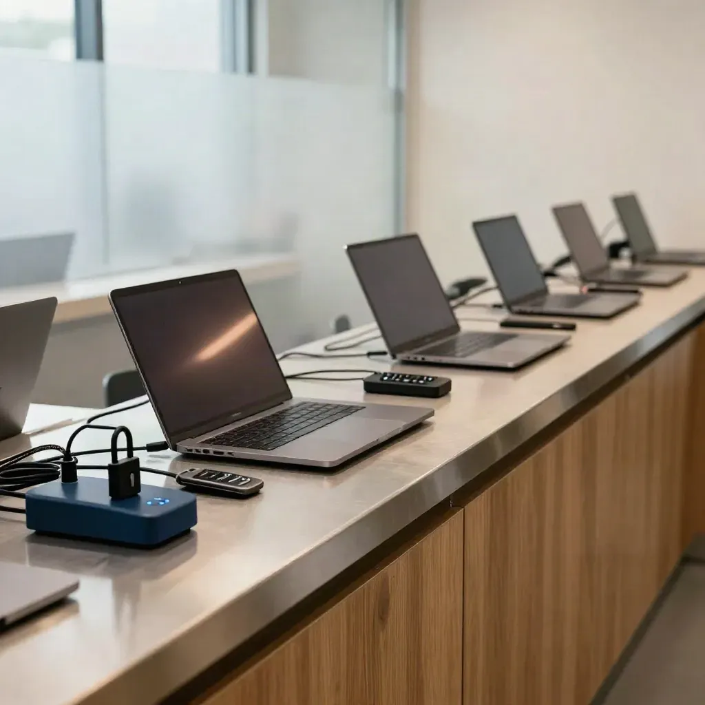 Closed staff laptops on a back-office shelf with endpoint keys and a charging dock