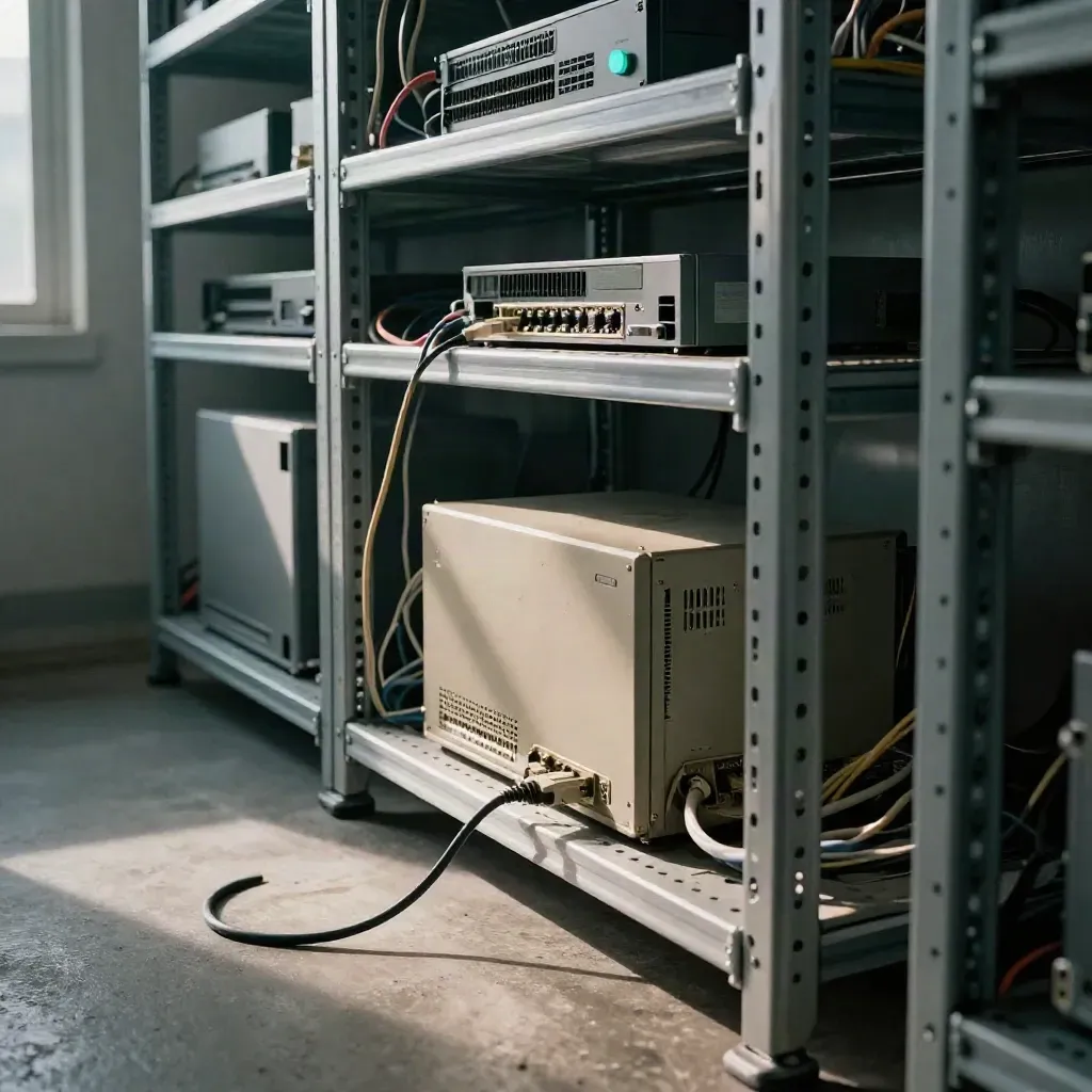 Montreal server room with isolated old VPN appliance beside modern cabling