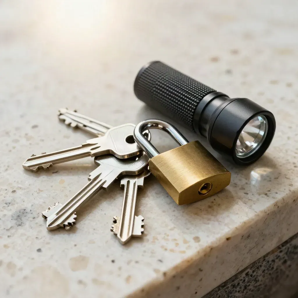 Macro still life of hardware security keys, brass lock, and inspection flashlight on pale stone.