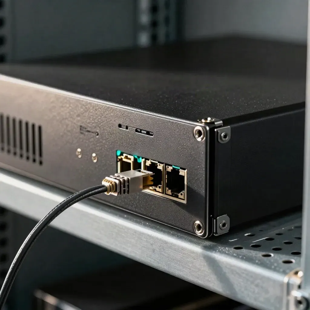 Firewall appliance, SFP module and braided Ethernet on a rack shelf, lit dramatically