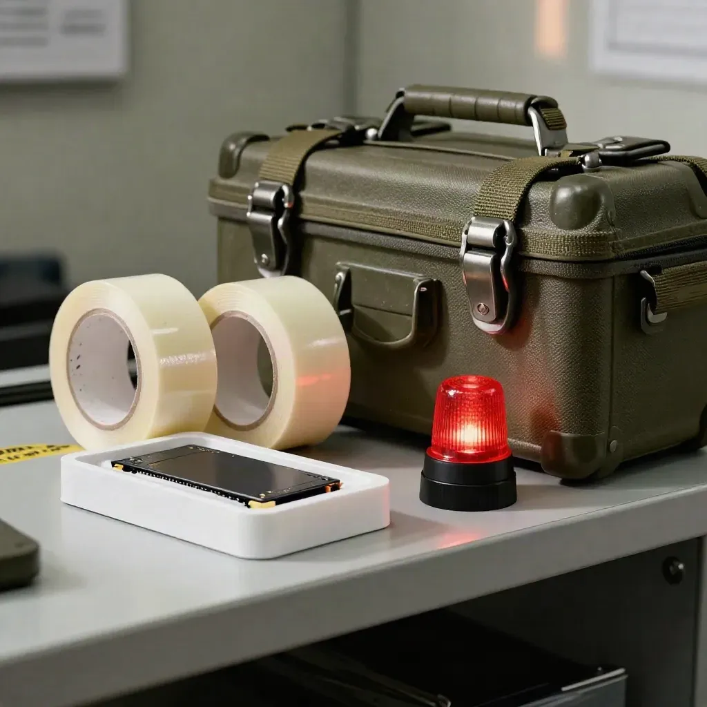 Incident response kit with sealed SSD, evidence tape, and a red beacon on a secure shelf