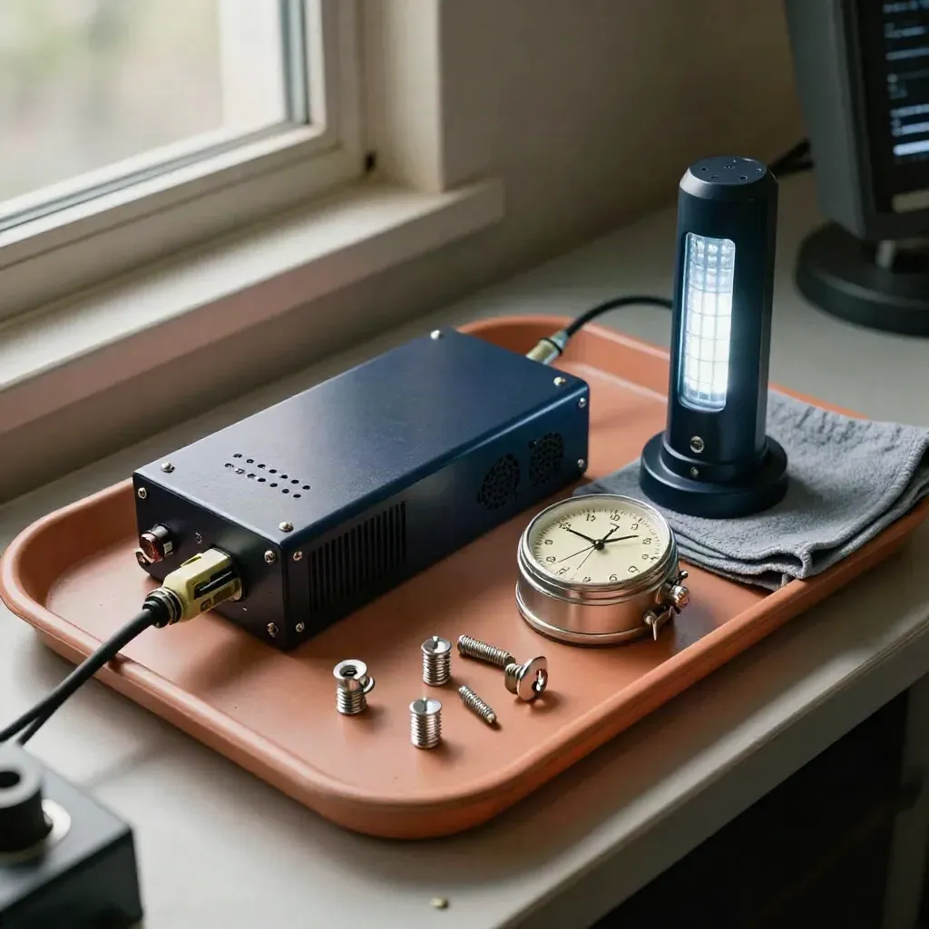 Overhead still life of monitoring hardware on a pale tray with soft LED glow.