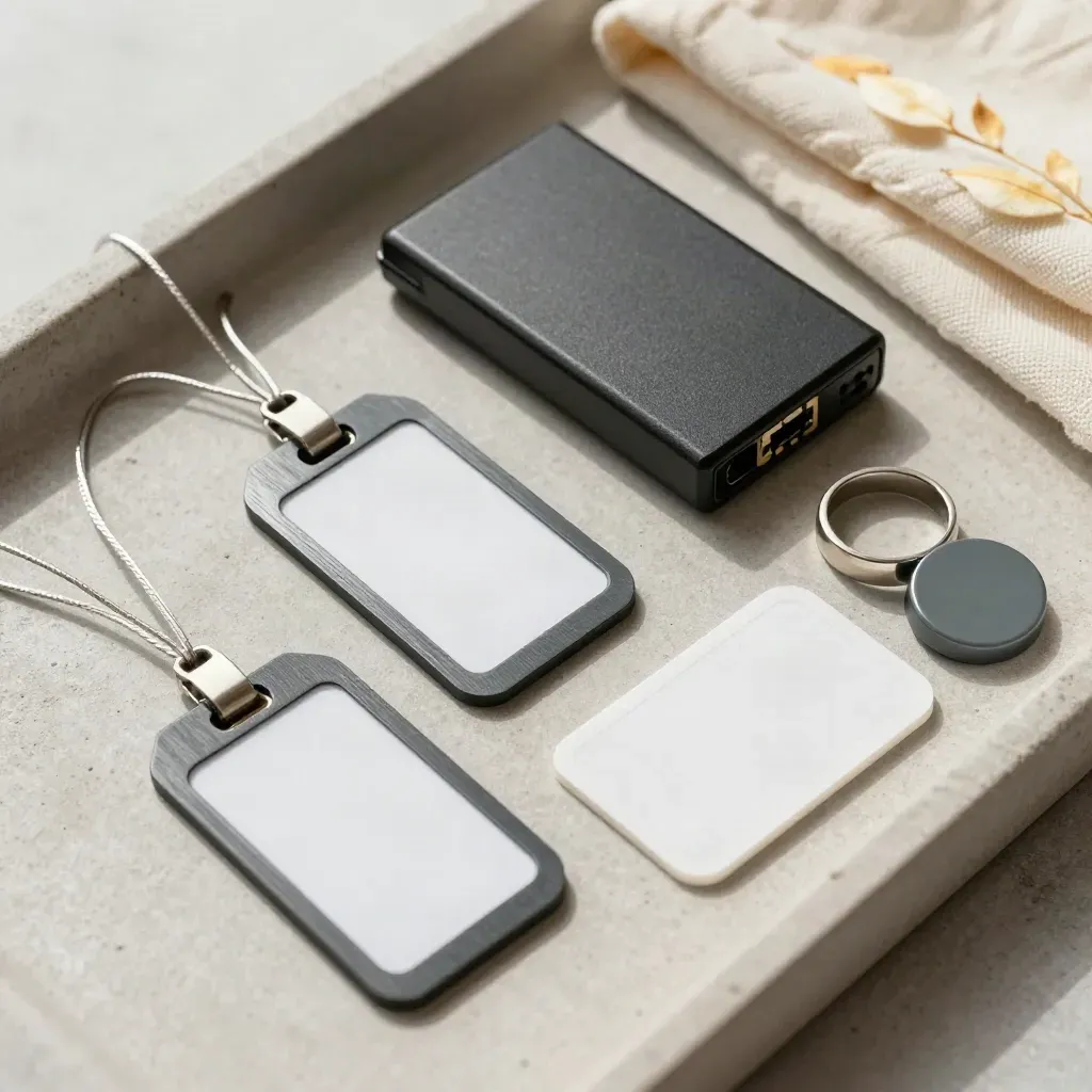 Overhead security still life with asset tags, token, encrypted drive and ring on stone.