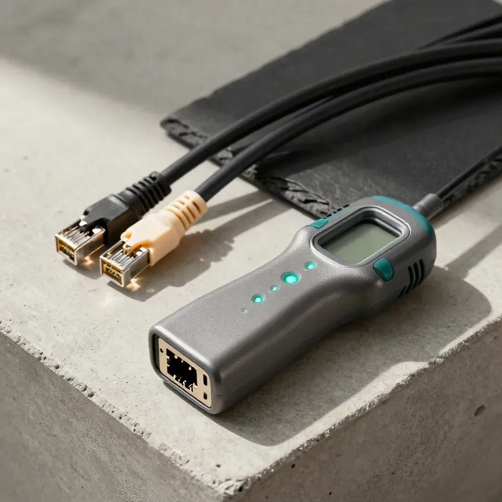 Open port tester with cable bundle and RJ45 plugs on stone, LEDs paused mid-test.