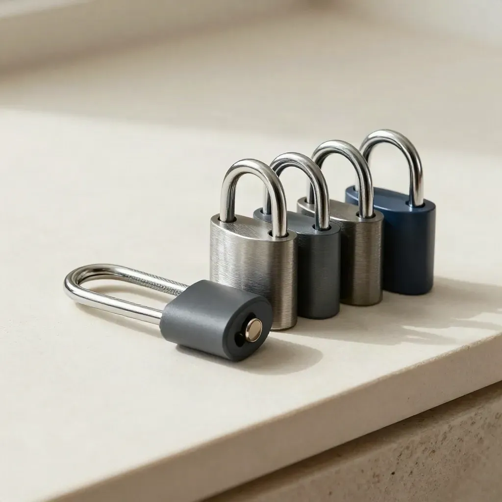 Lock cylinders, access fobs, and cable locks on a pale plaster surface