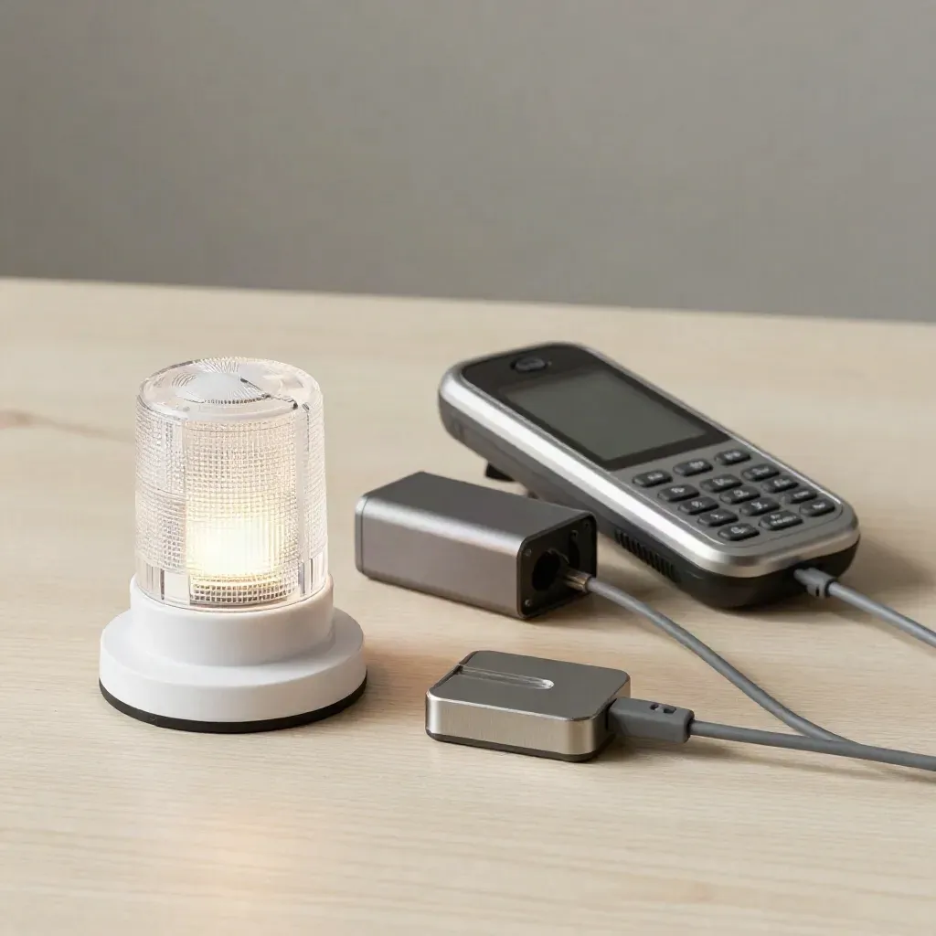 White status beacon, battery backup module and pager alert device on pale wood in soft side light