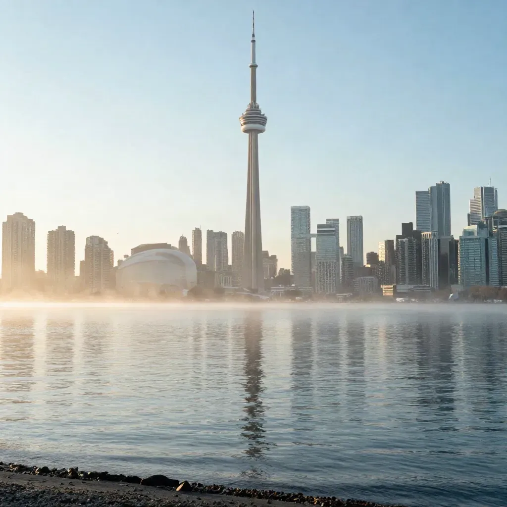 Toronto skyline with the CN Tower above calm lake water in soft morning haze