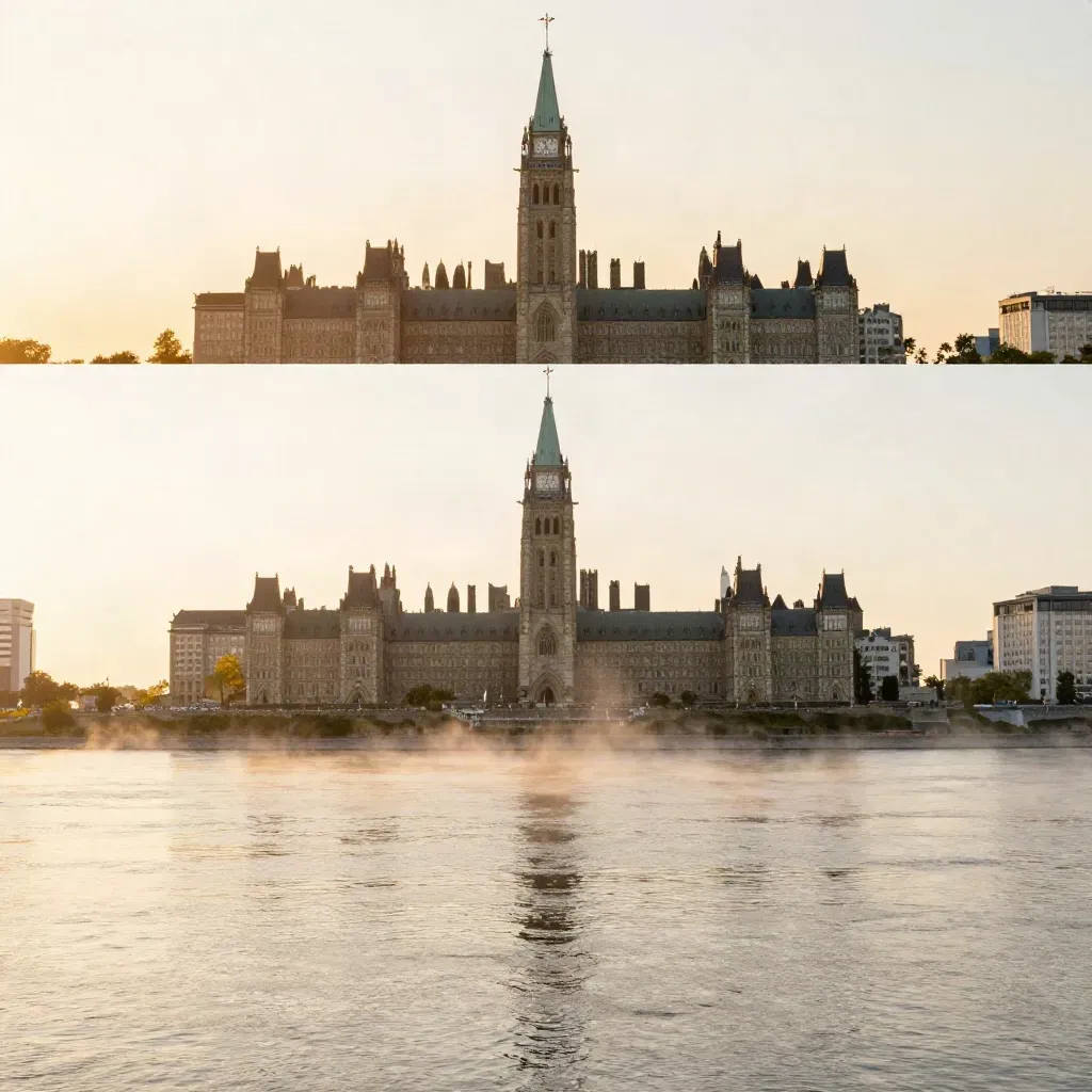 Parliament Hill above the mist on the Ottawa River at golden sunset