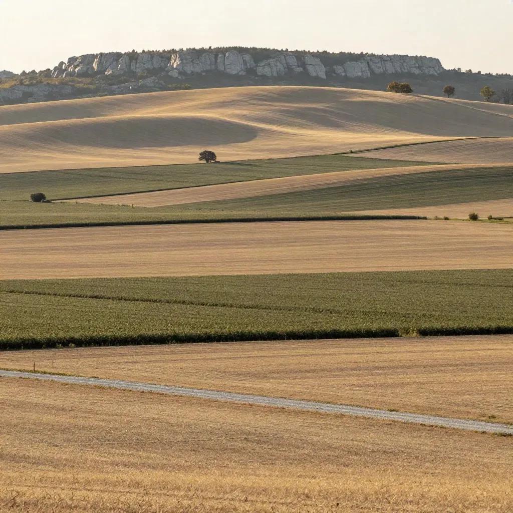 Southern Ontario farm fields with hedgerows and a distant limestone escarpment in golden haze.