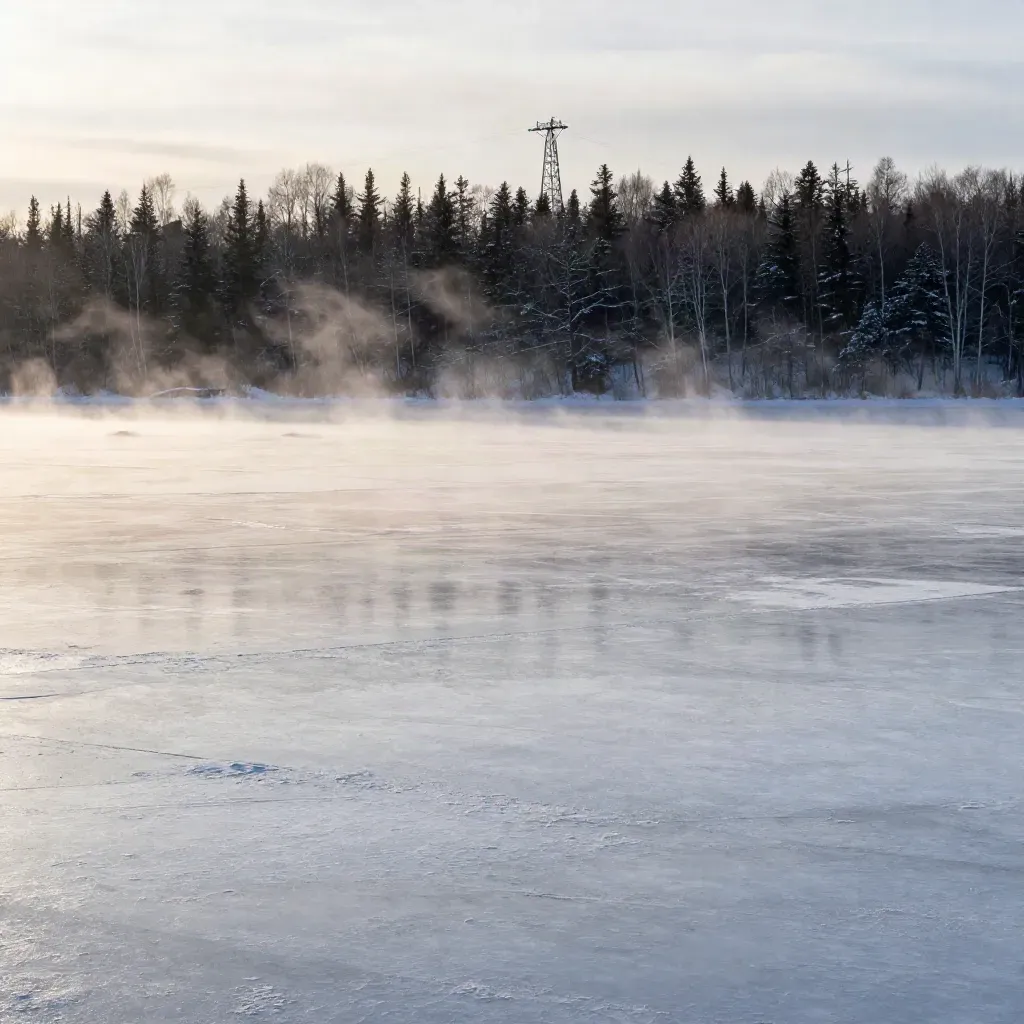 Frozen Canadian lake with distant treeline, relay mast, and dawn mist.