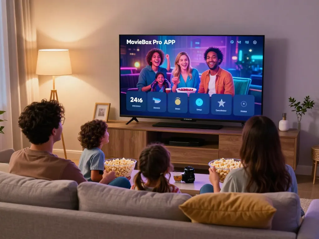 Family enjoying the MovieBox Pro APK during a cozy movie night at home.