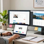 Professional using WPS Official Website on laptop in a bright home office environment.