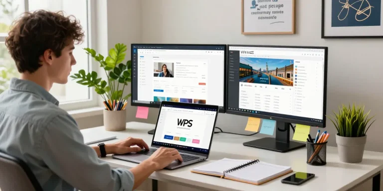 Professional using WPS Official Website on laptop in a bright home office environment.